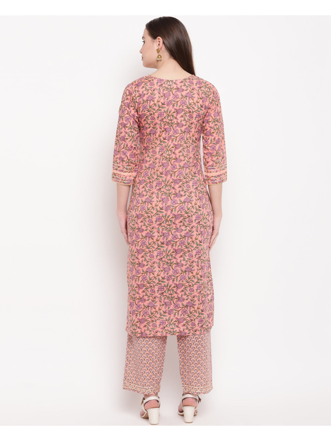 Peach Printed Straight Cotton Kurti Set