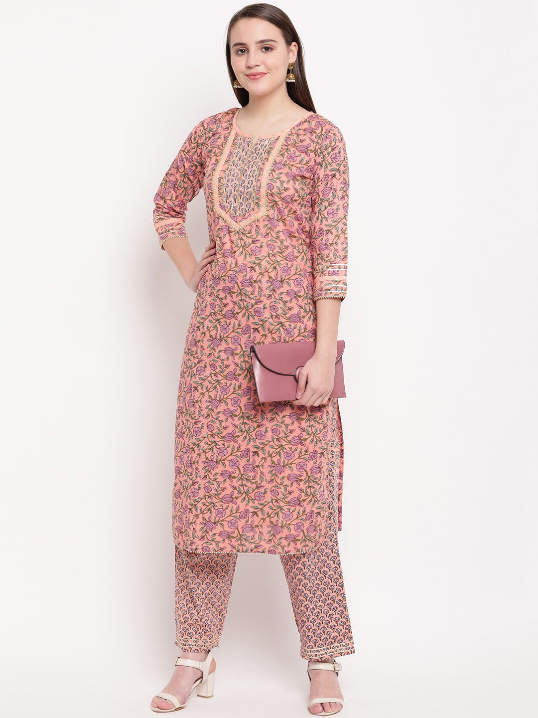 Peach Printed Straight Cotton Kurti Set