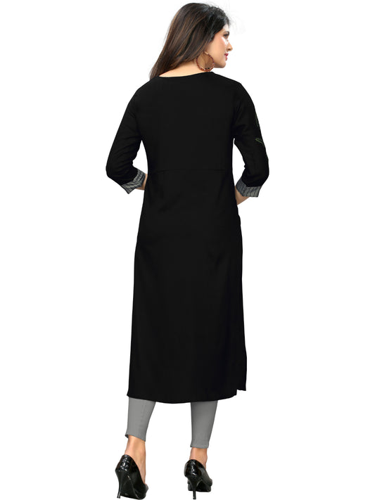 Black Embroidered Straight Rayon Kurti