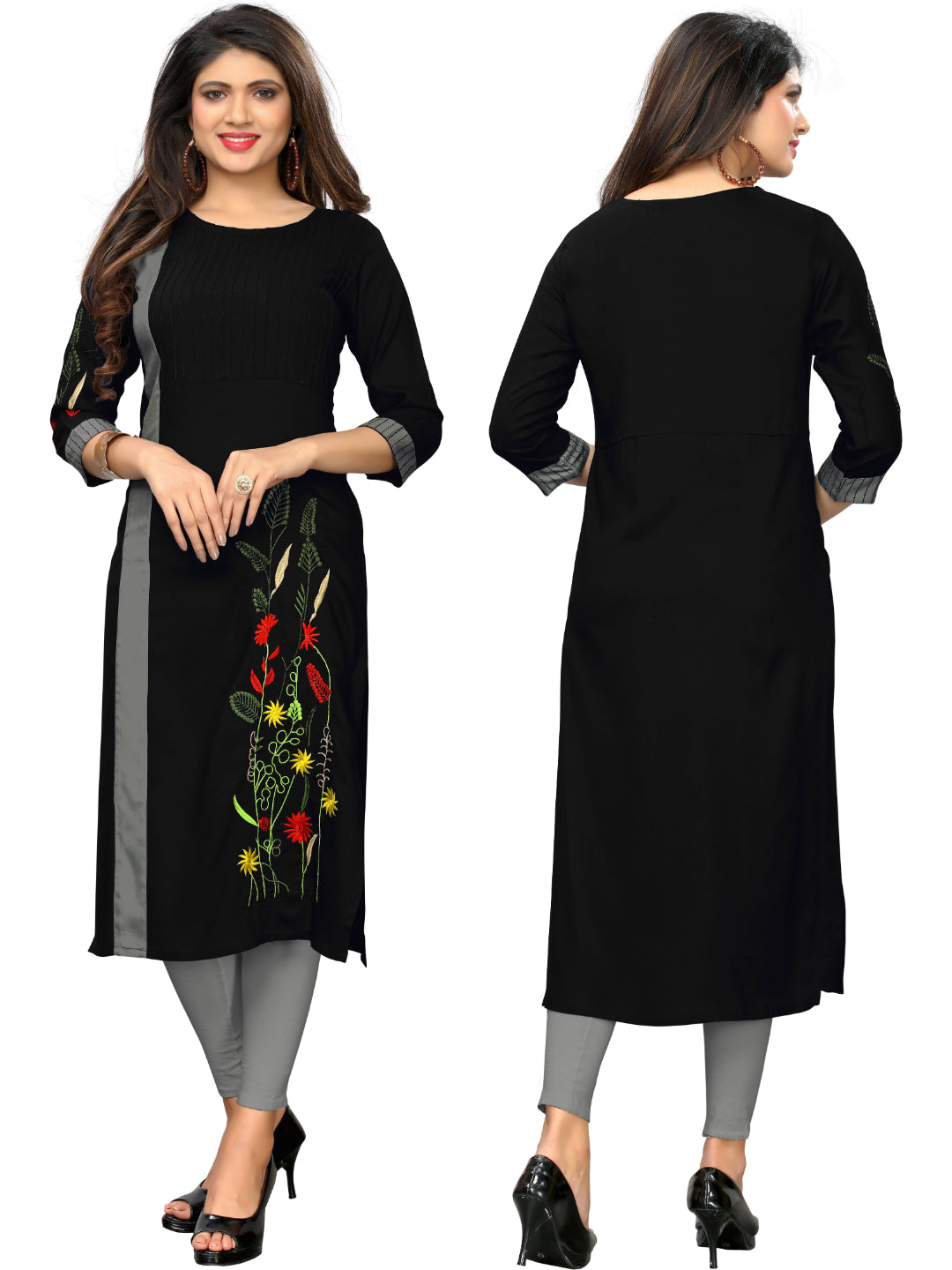 Black Embroidered Straight Rayon Kurti