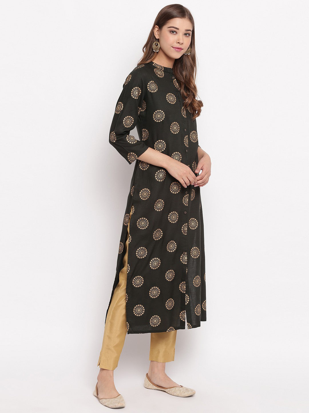 Dark Green Printed Straight Cotton Kurti