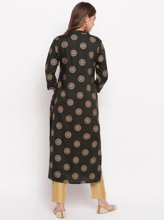 Dark Green Printed Straight Cotton Kurti