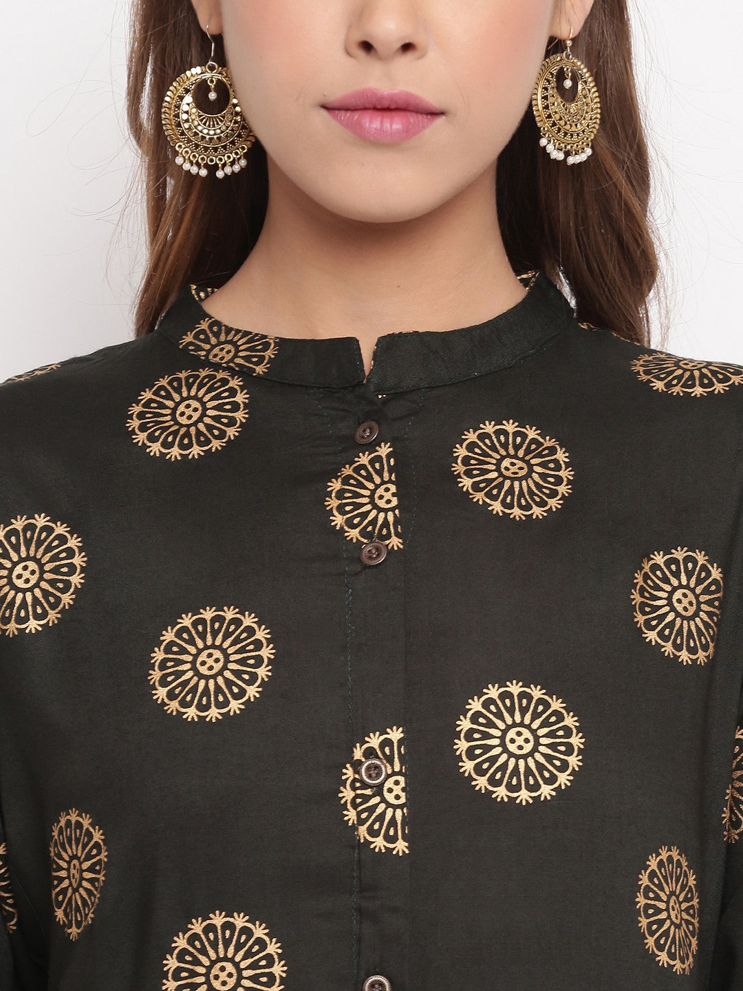 Dark Green Printed Straight Cotton Kurti