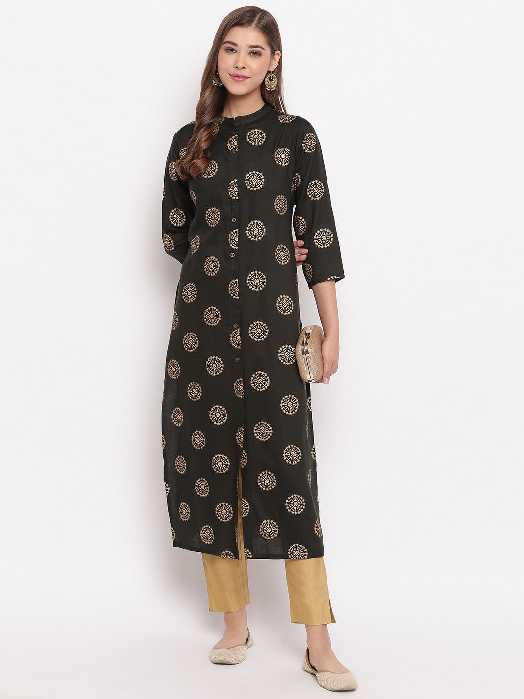 Dark Green Printed Straight Cotton Kurti