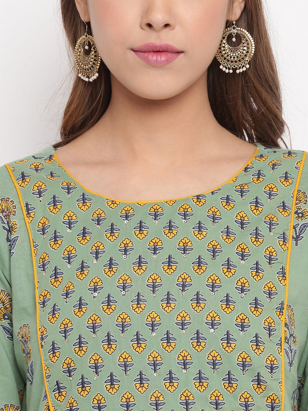 Pista Printed Straight Cotton Kurti Set