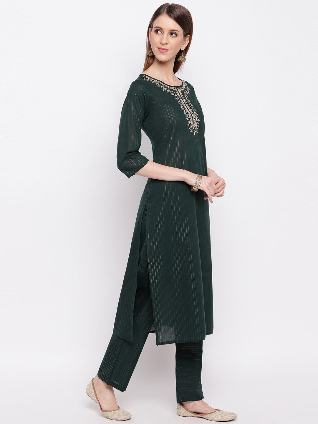 Dark Green Embroidered Straight Cotton Blend Kurti Set