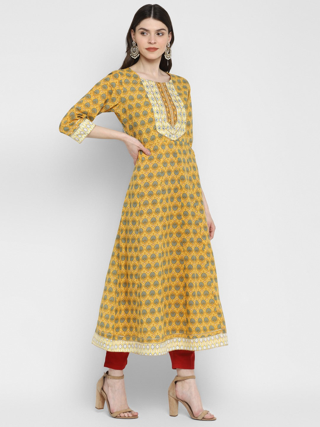 Yellow Embroidered Anarkali Cotton Kurta
