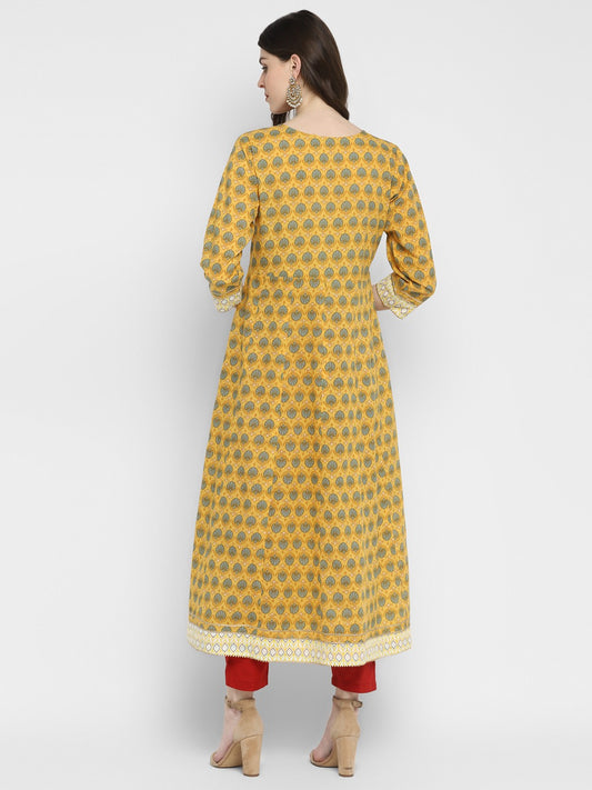 Yellow Embroidered Anarkali Cotton Kurta