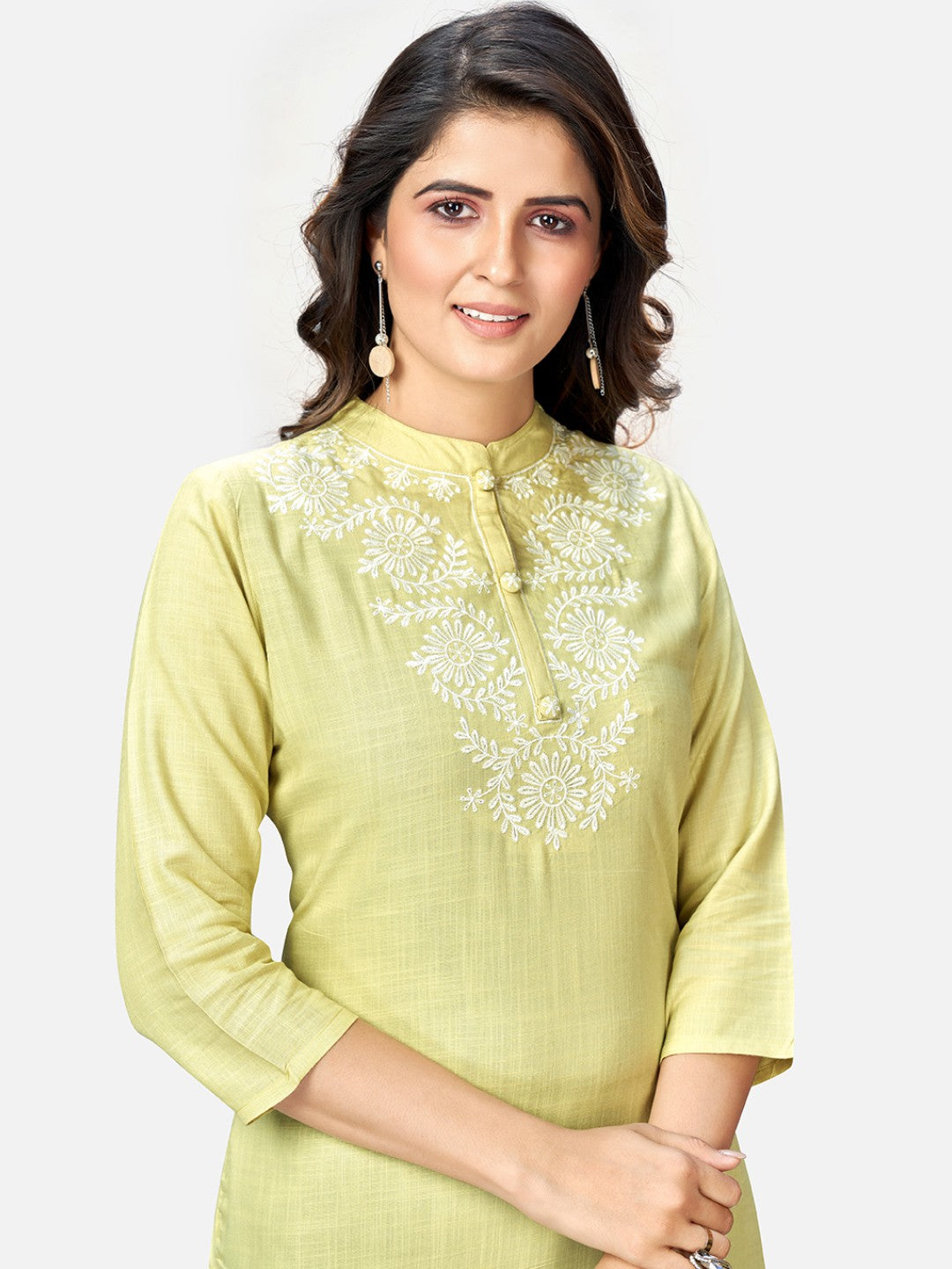Lime Embroidered Straight Rayon Kurta Set