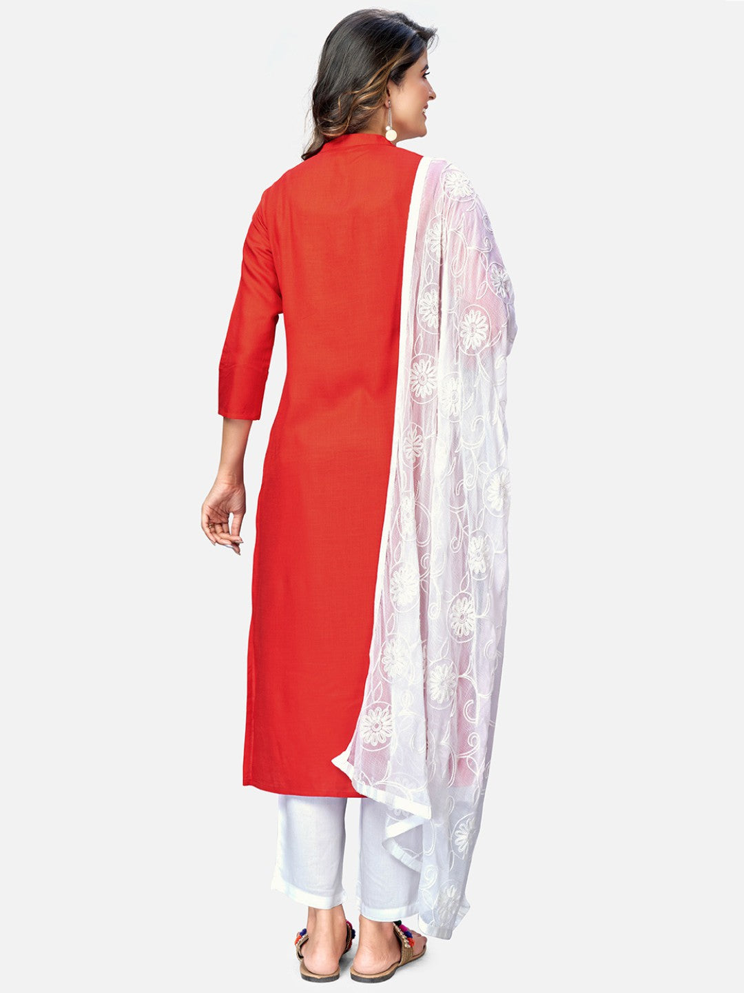 Red Embroidered Straight Rayon Kurta Set