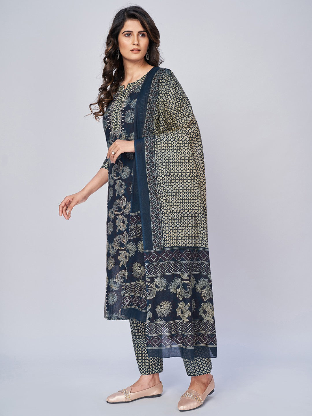Blue Embroidered Straight Cotton Kurta Set