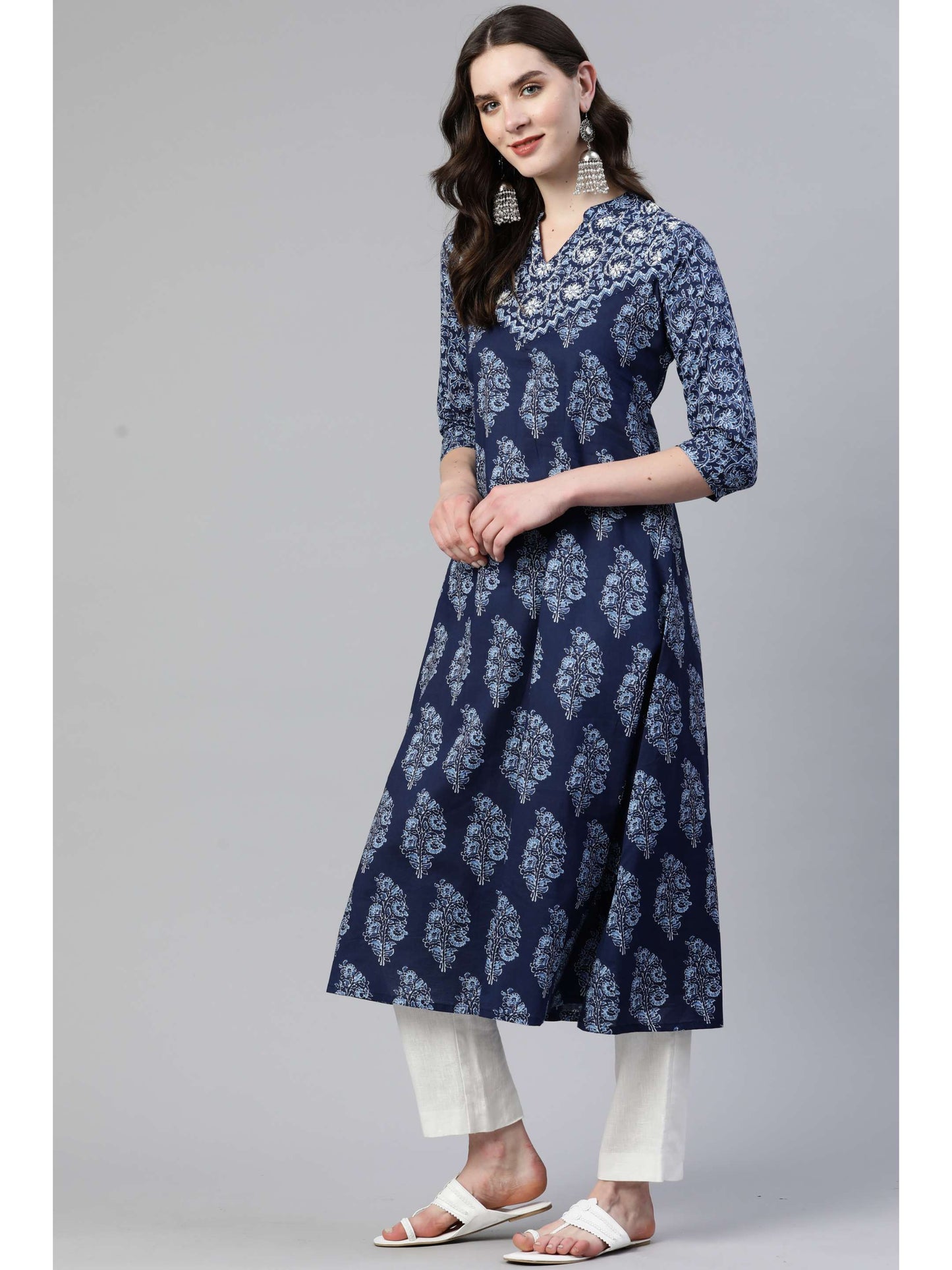 Blue A-Line Cotton Kurta