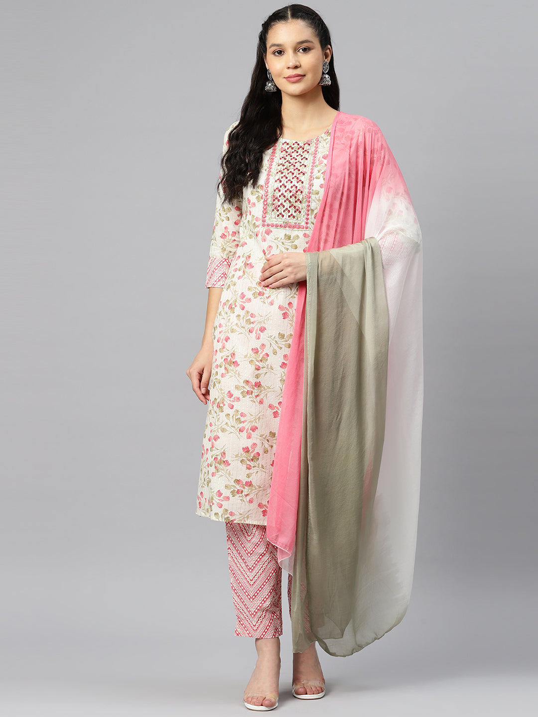 Cream Embroidered Straight Cotton Kurta Set