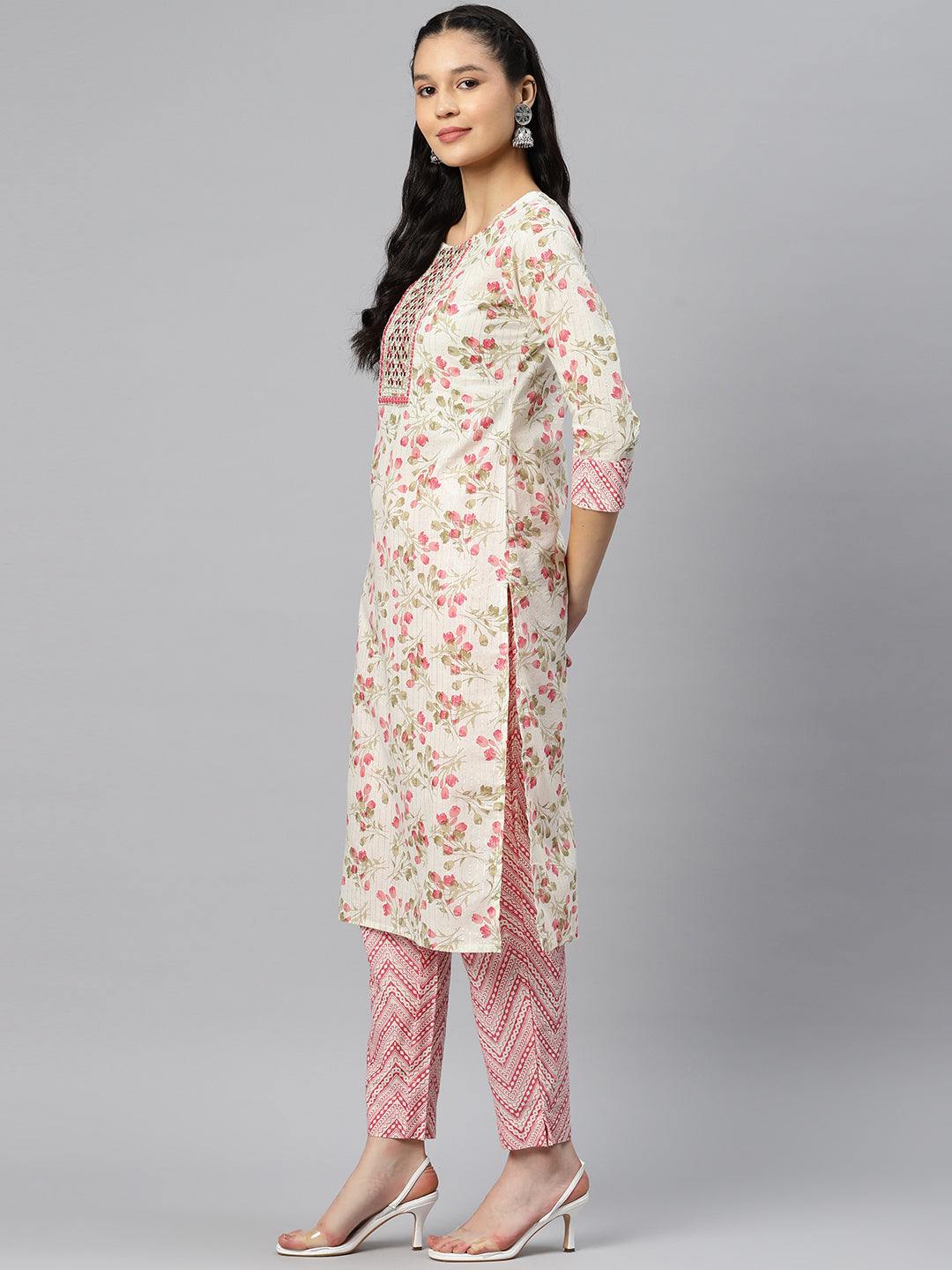 Cream Embroidered Straight Cotton Kurta Set