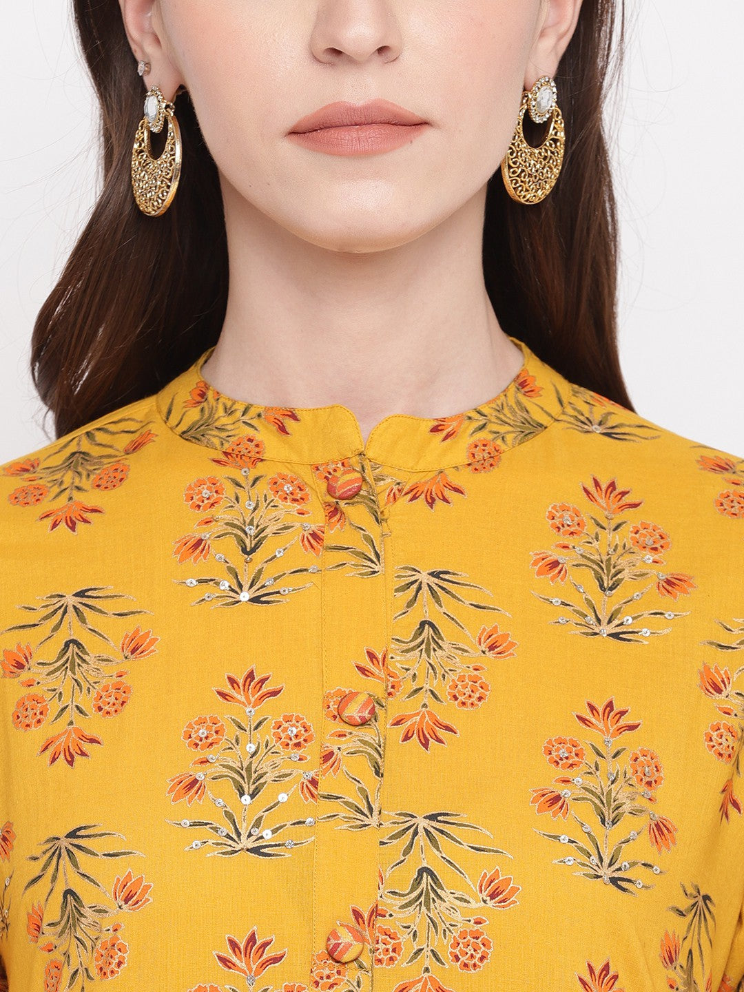 Yellow Embroidered Straight Cotton Kurti Set