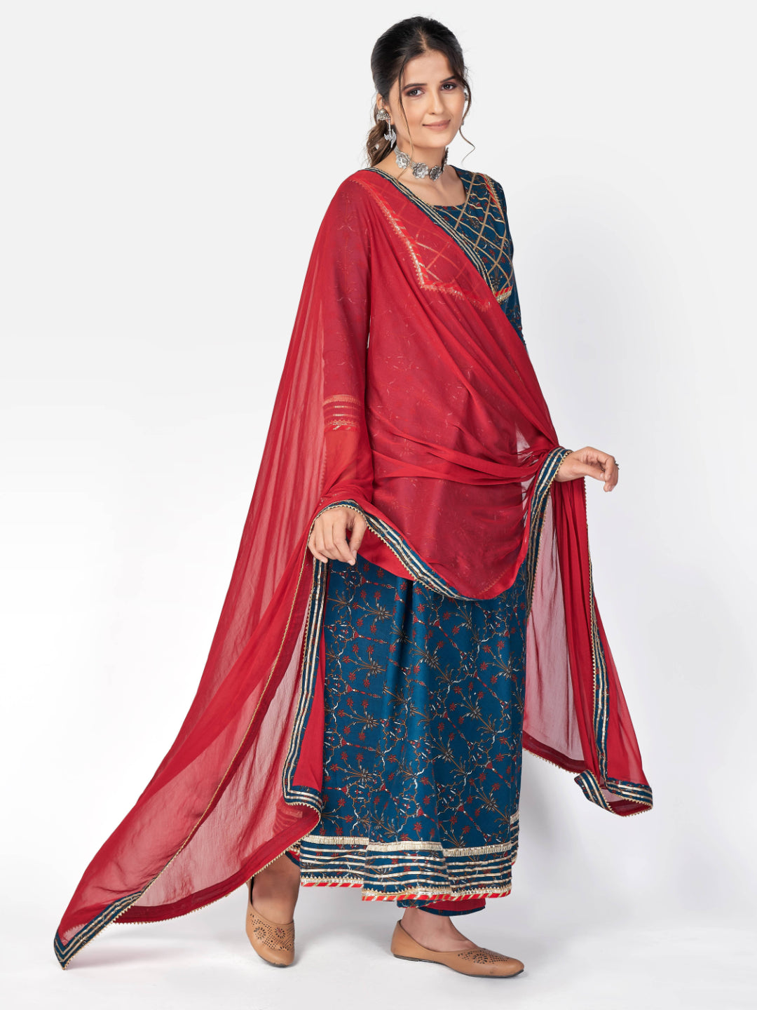 Dark Aqua Printed Anarkali Cotton Kurta Set