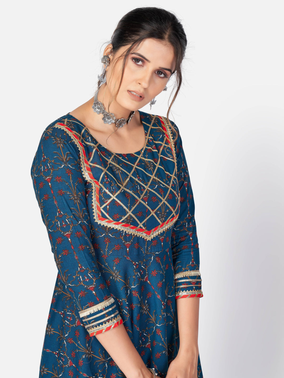 Dark Aqua Printed Anarkali Cotton Kurta Set
