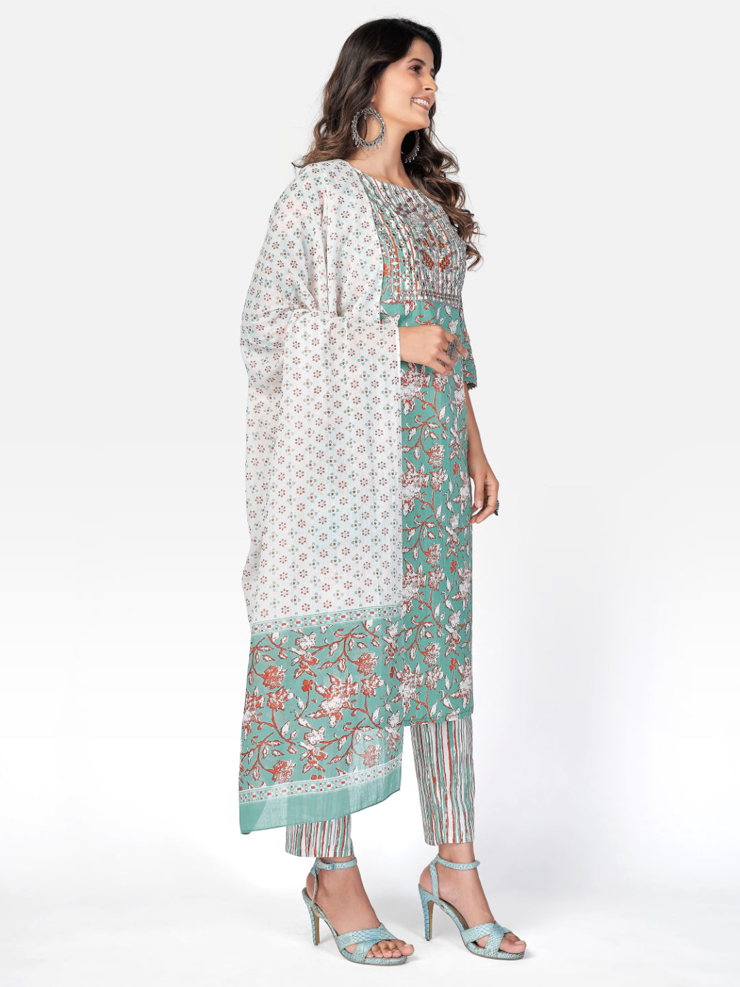 Sea Green Embroidered Straight Cotton Kurta Set