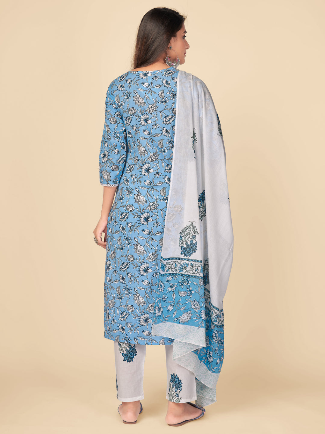 Sky Blue Embroidered Straight Cotton Kurta Set