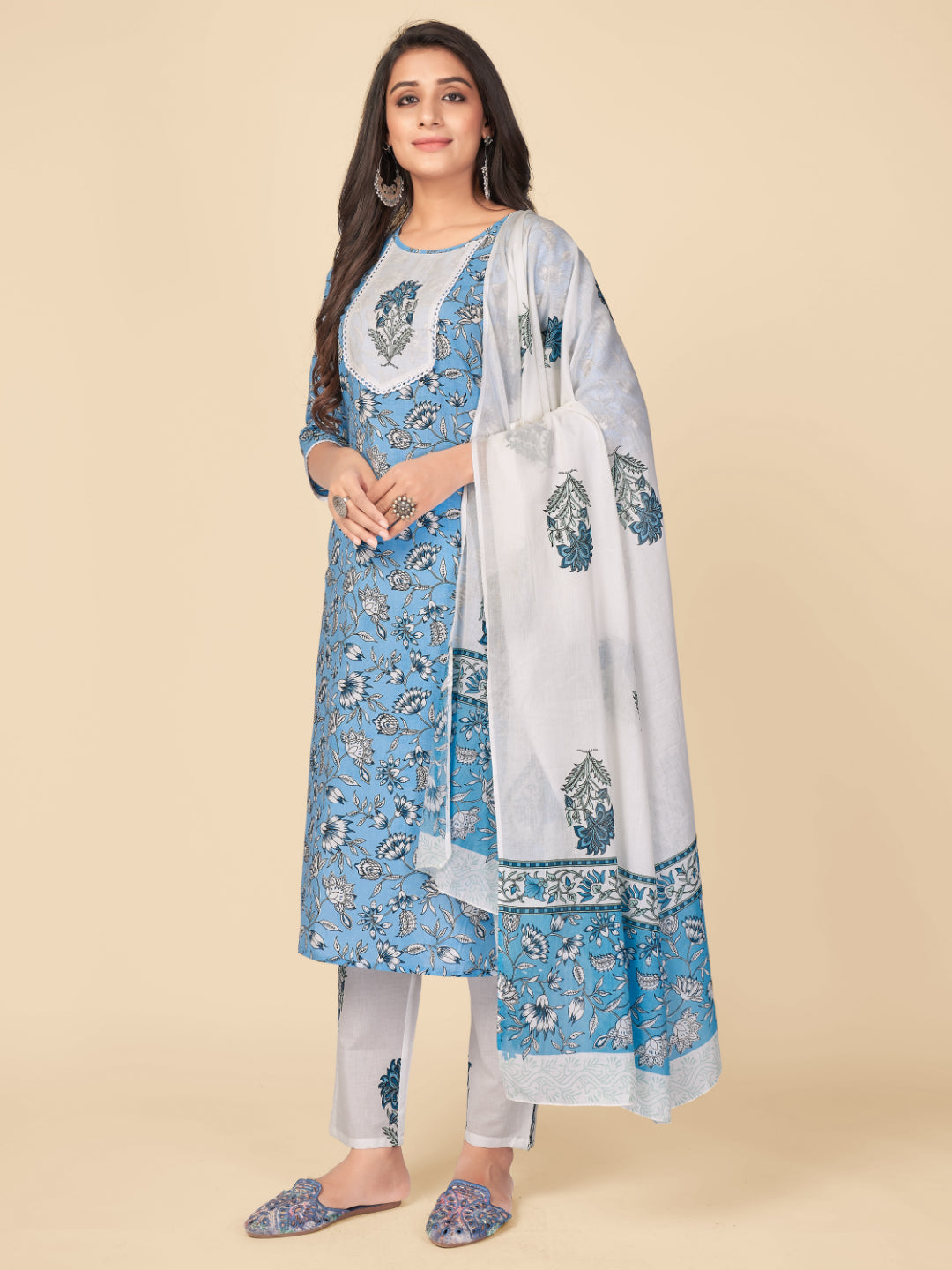 Sky Blue Embroidered Straight Cotton Kurta Set