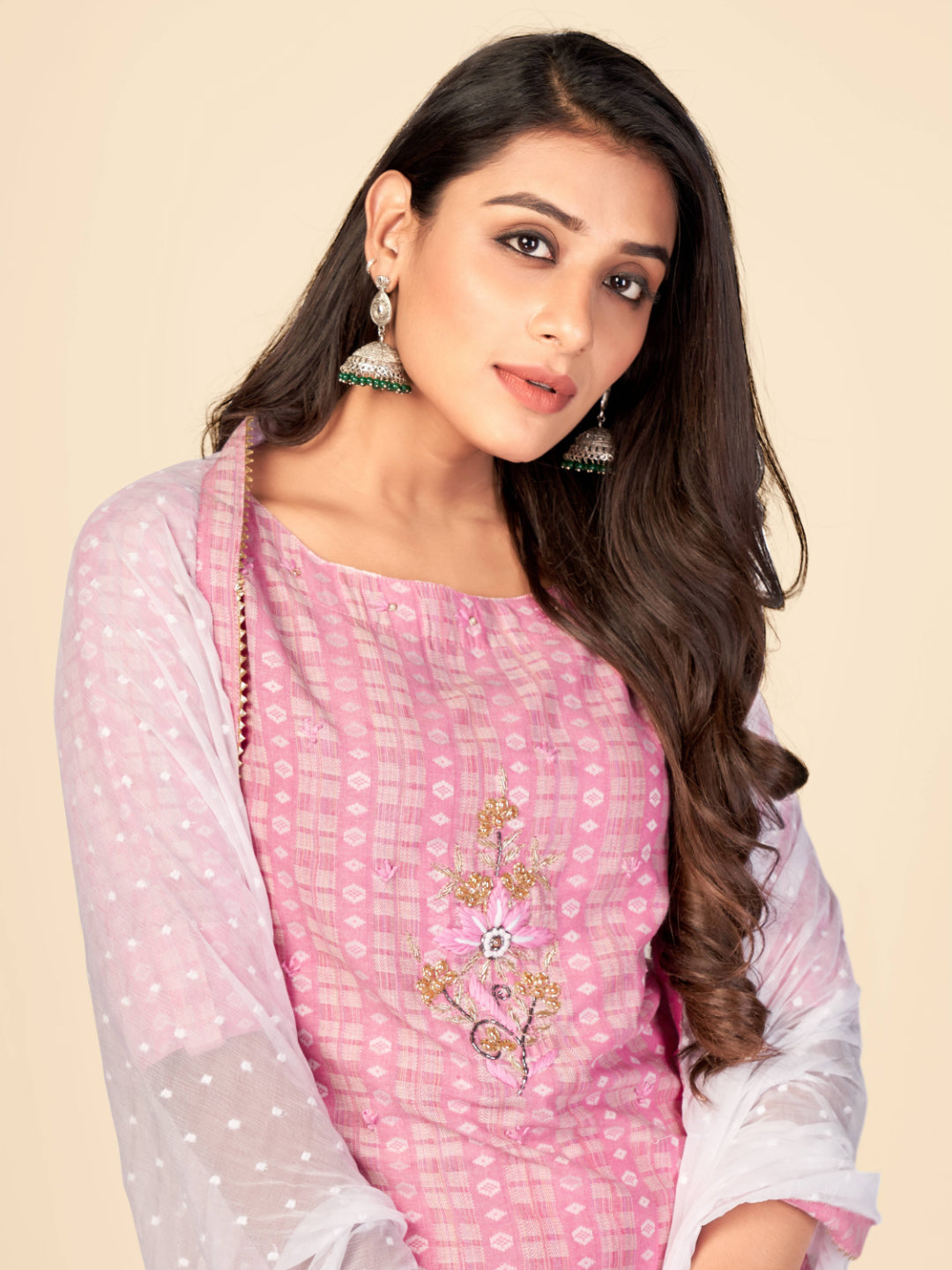 Pink Embroidered Straight Cotton Kurta Set