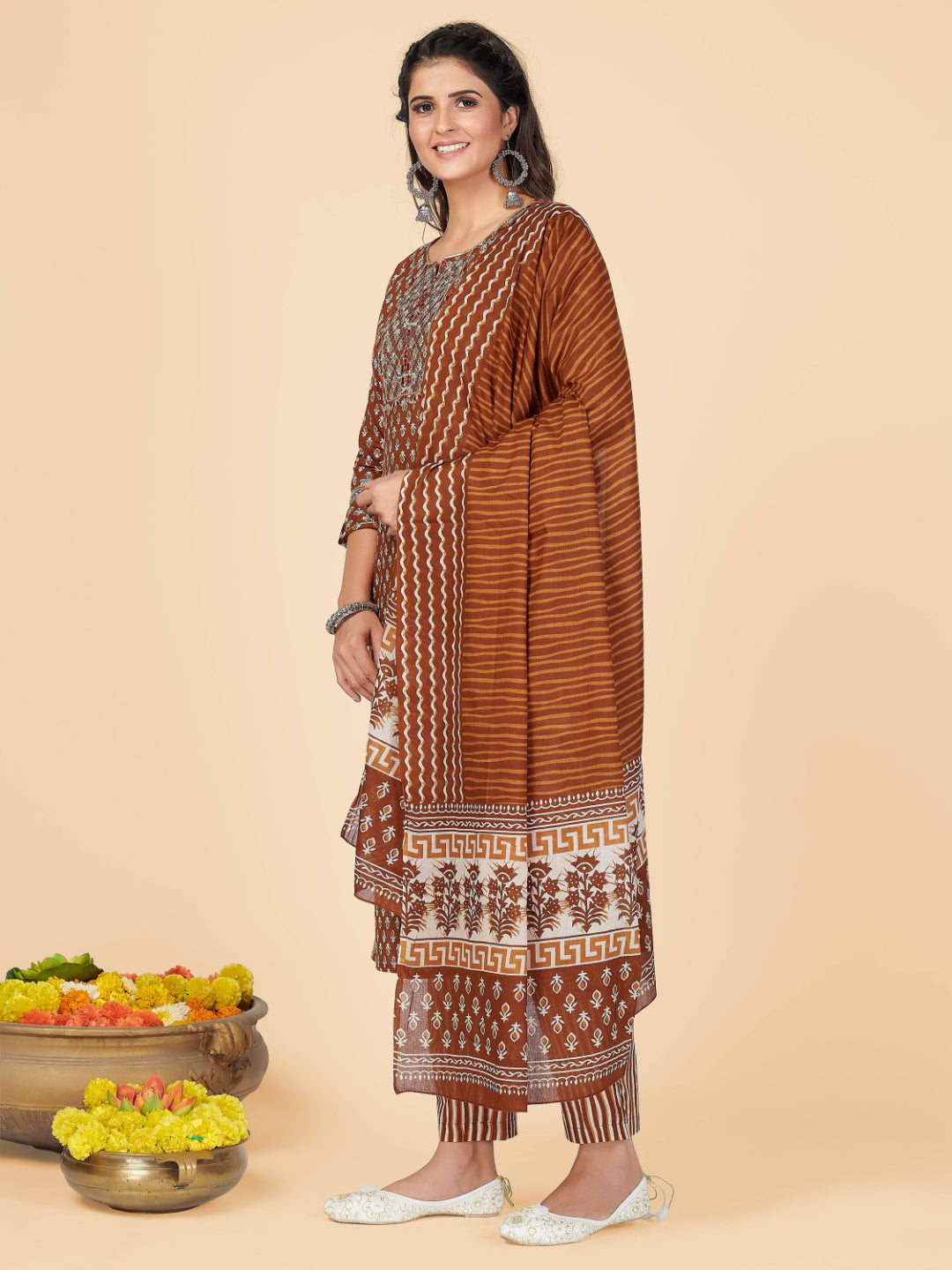 Brown Embroidered Straight Cotton Kurta Set