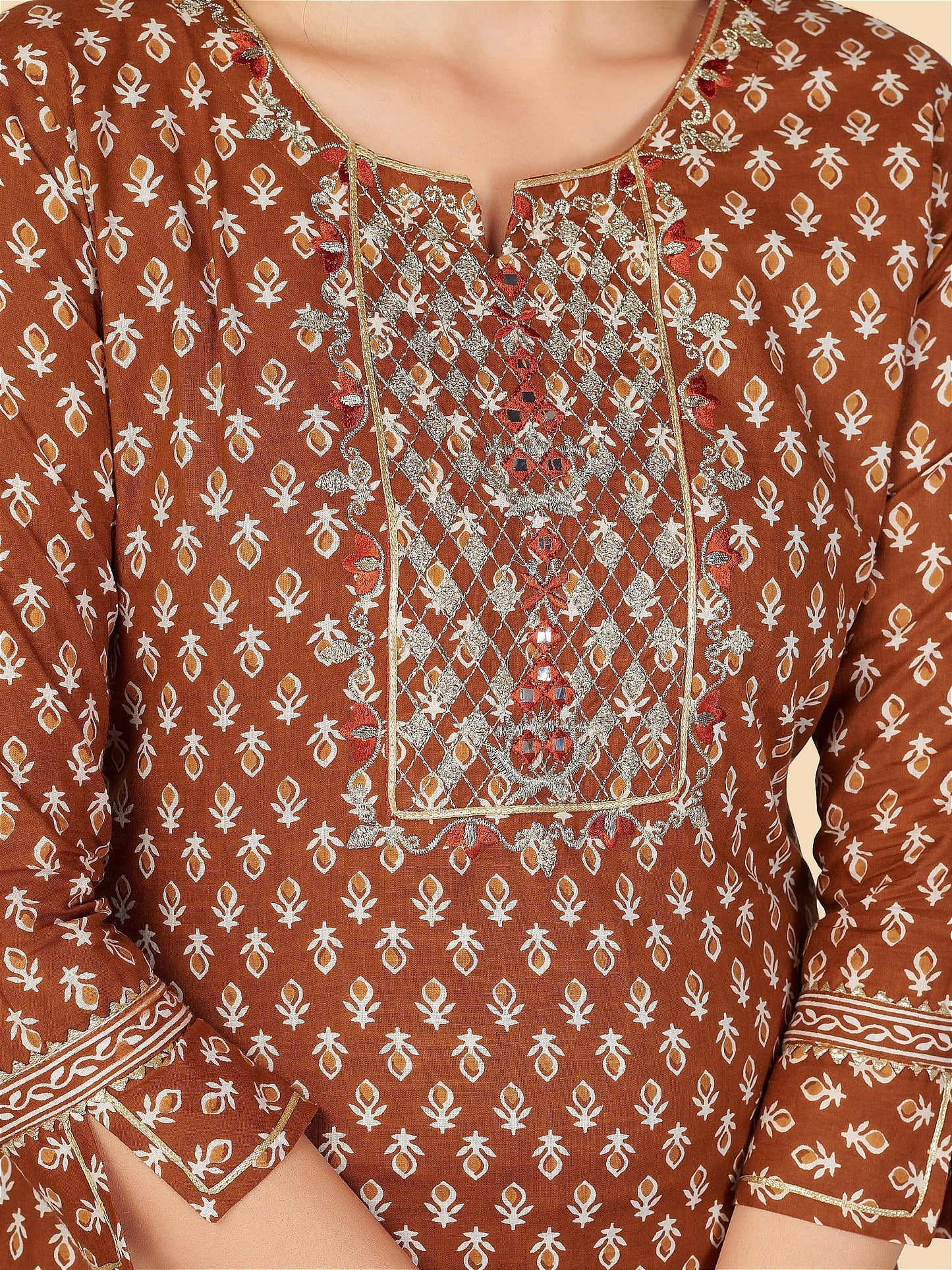 Brown Embroidered Straight Cotton Kurta Set