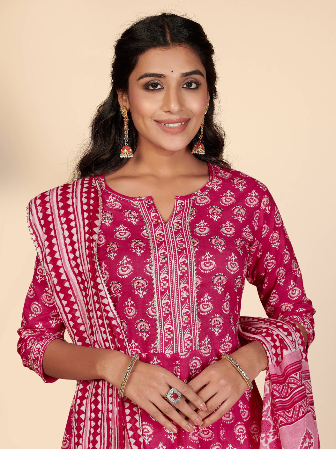 Pink Embroidered Anarkali Cotton Kurta Set