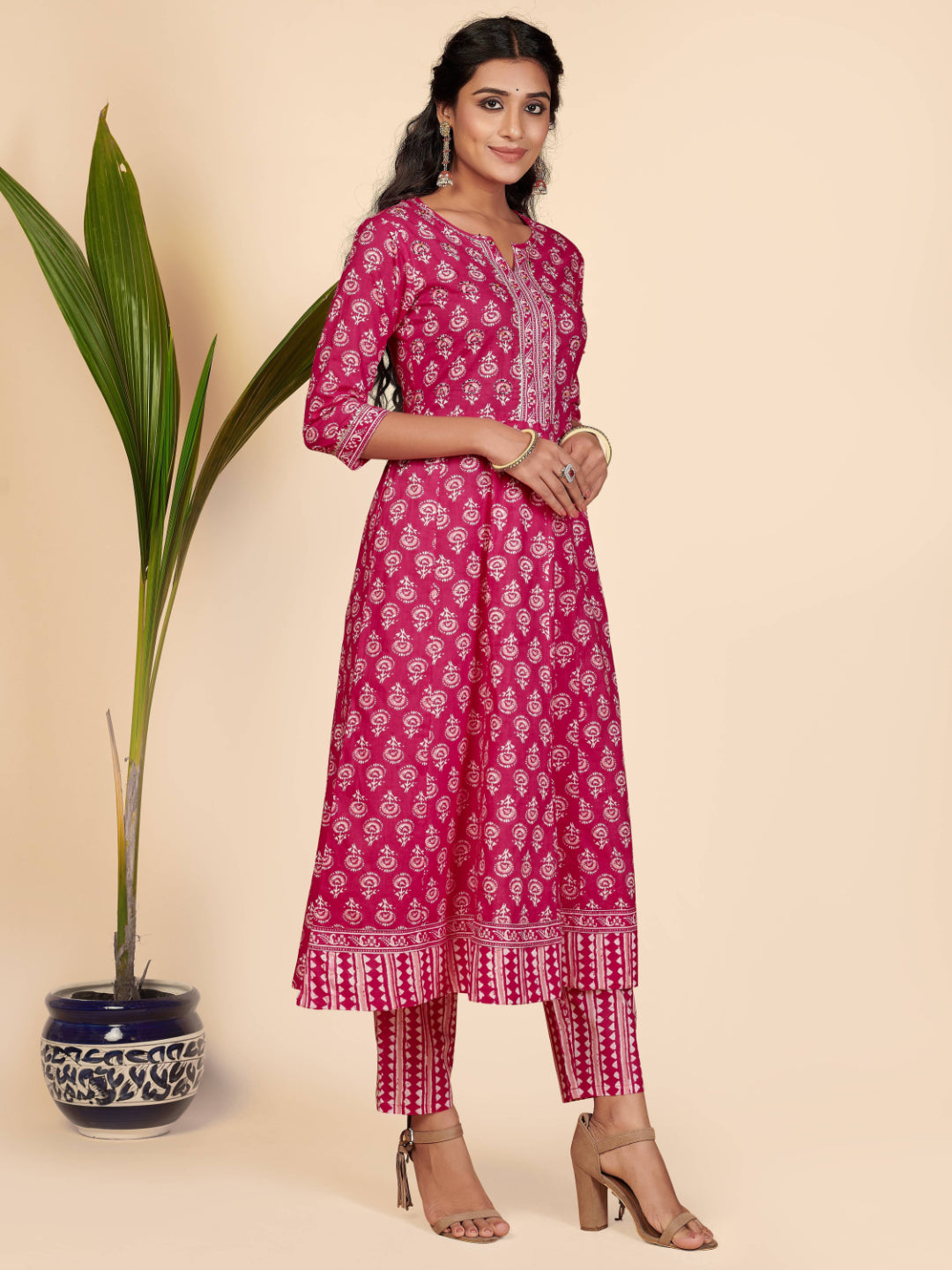 Pink Embroidered Anarkali Cotton Kurta Set