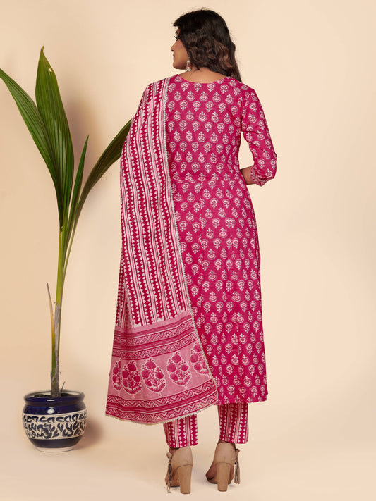 Pink Embroidered Anarkali Cotton Kurta Set