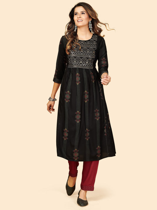 Black Embroidered Anarkali Rayon Kurta Pant
