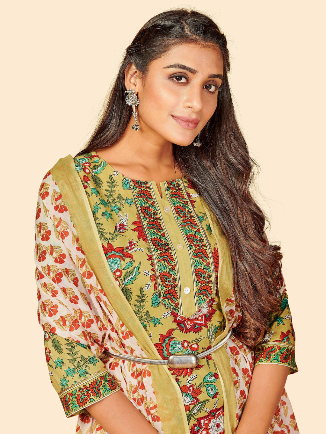 Parrot Green Embroidered Straight Cotton Kurta Set