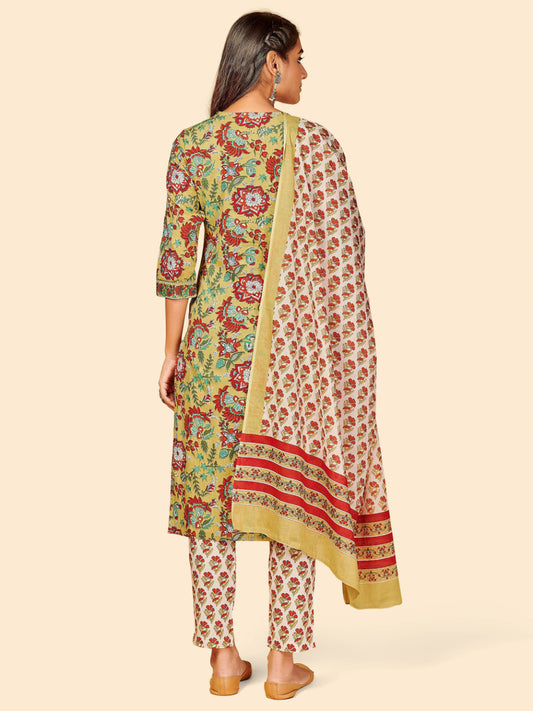Parrot Green Embroidered Straight Cotton Kurta Set