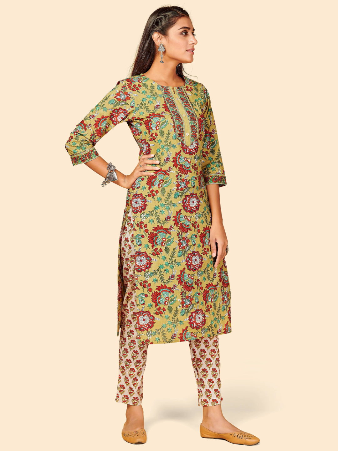 Parrot Green Embroidered Straight Cotton Kurta Set