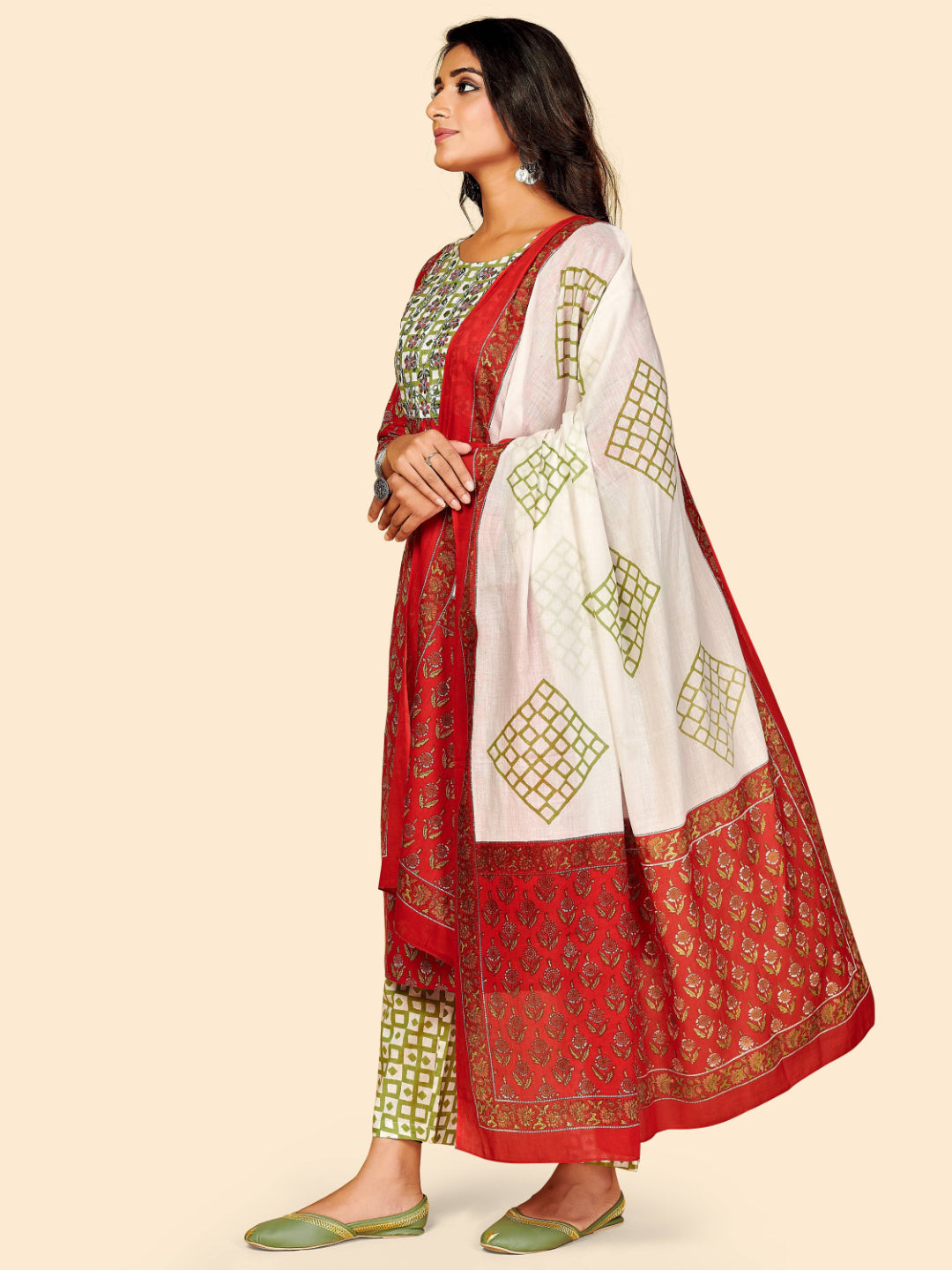 Red Embroidered Straight Cotton Kurta Set