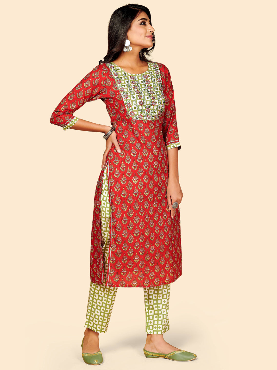Red Embroidered Straight Cotton Kurta Set