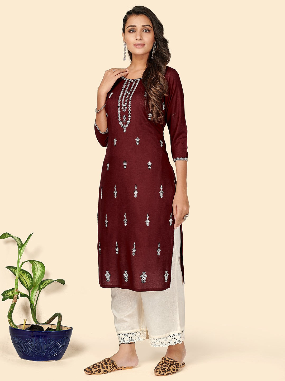 Maroon Embroidered Straight Rayon Kurta