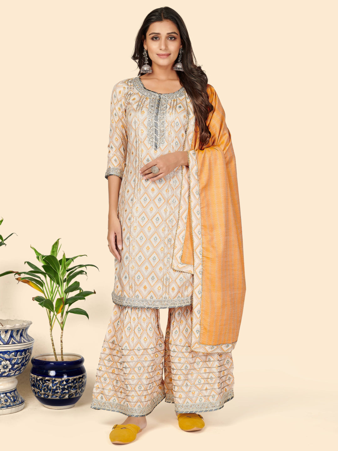 Yellow Embroidered Straight Muslin Kurta Set