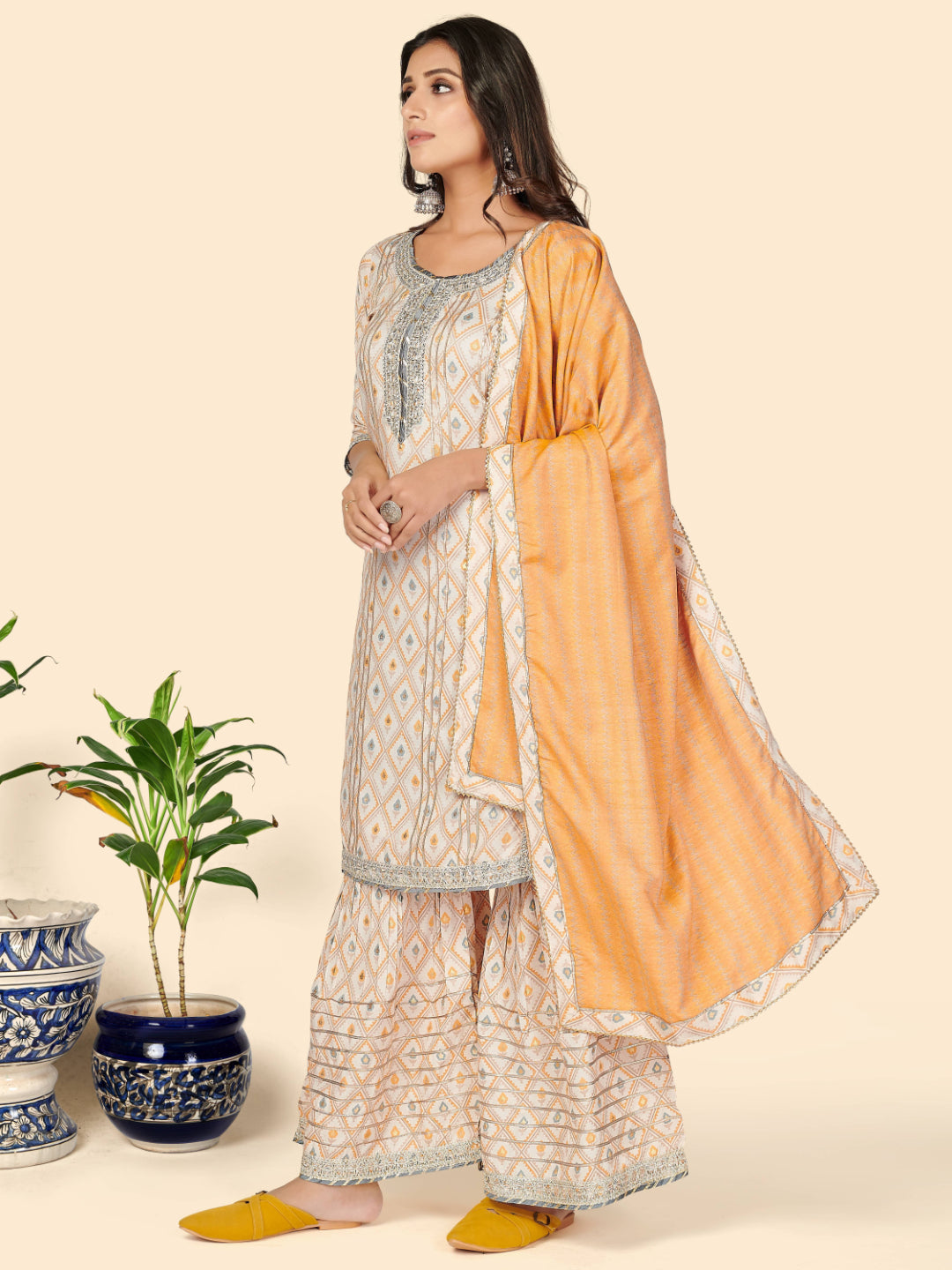 Yellow Embroidered Straight Muslin Kurta Set