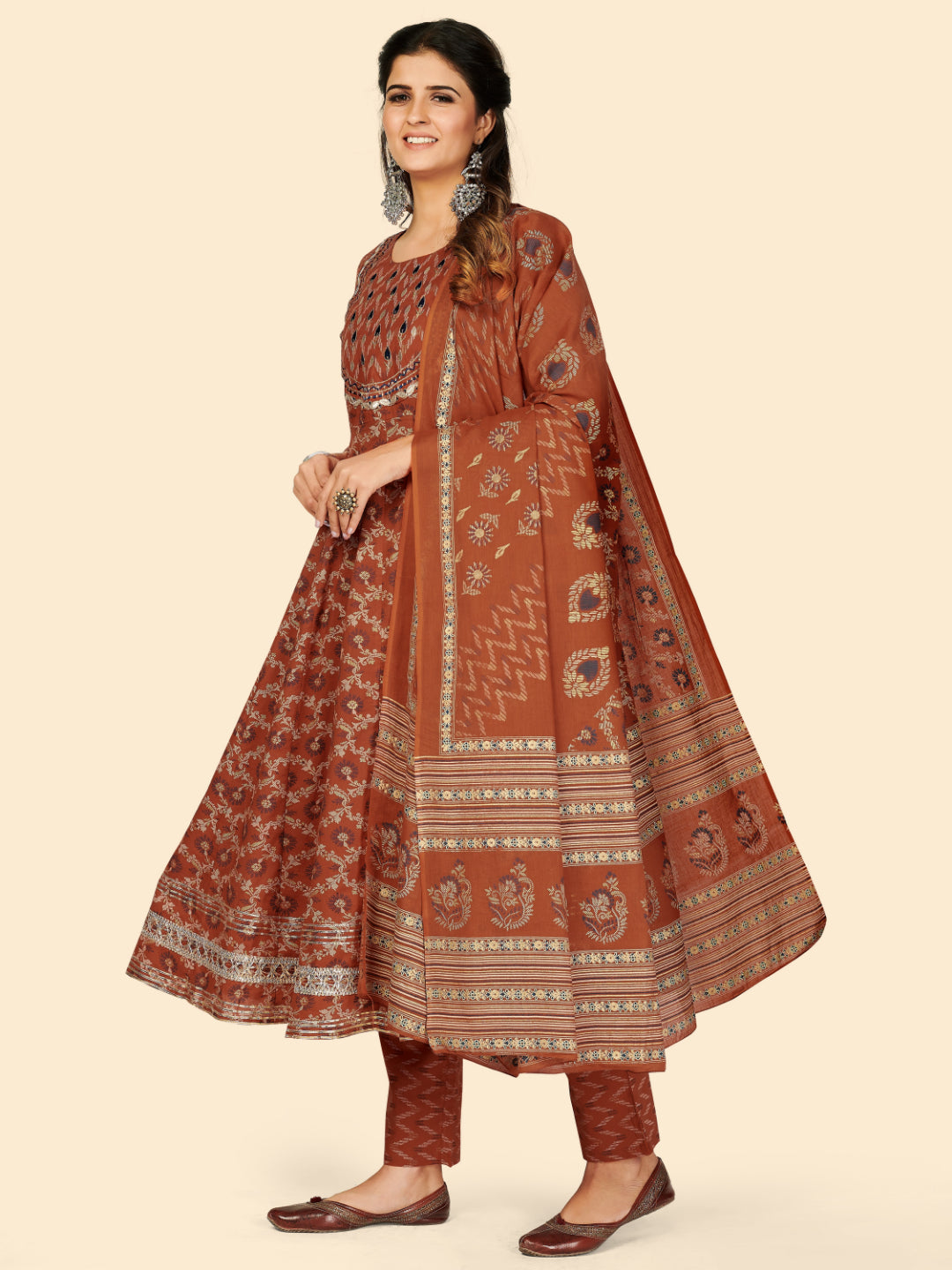 Orange Embroidered Anarkali Cotton Kurta Set