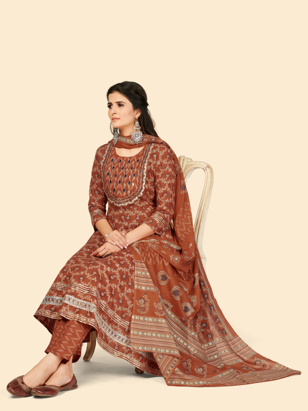 Orange Embroidered Anarkali Cotton Kurta Set