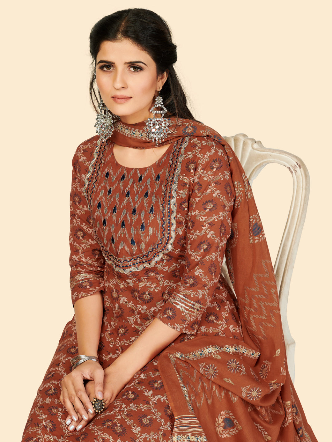 Orange Embroidered Anarkali Cotton Kurta Set