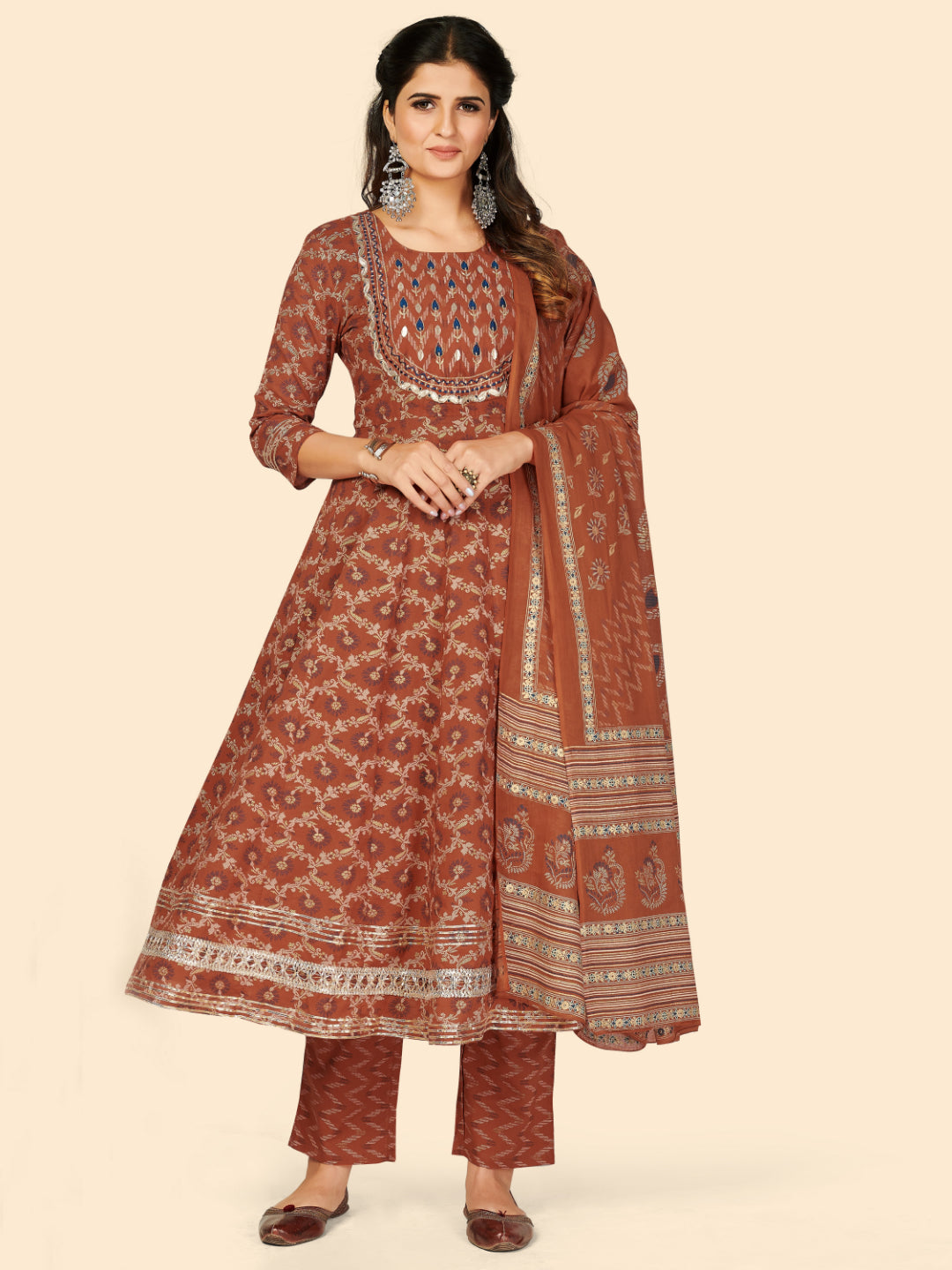 Orange Embroidered Anarkali Cotton Kurta Set