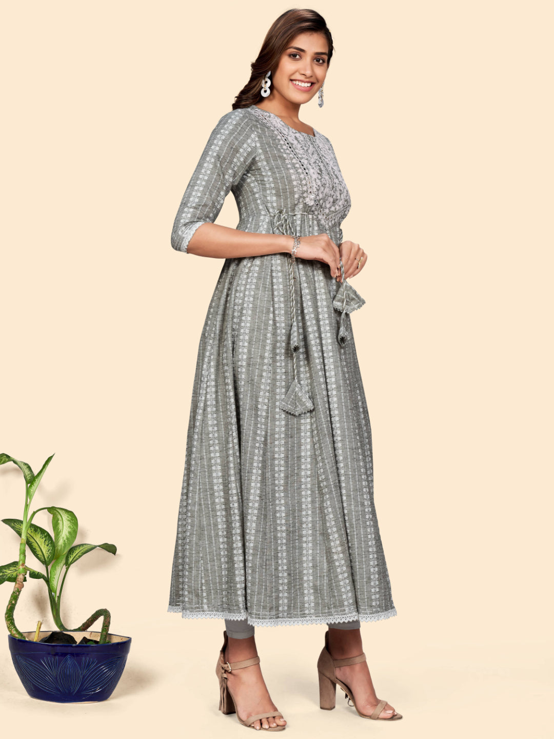 Pista Embroidered Anarkali Cotton Blend Kurta