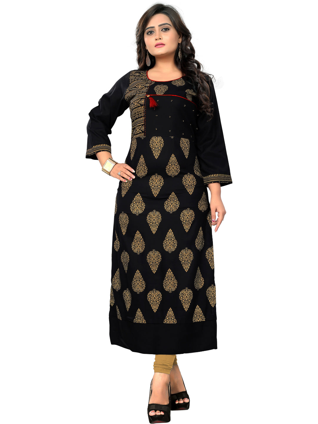 Black Printed Rayon Straight Kurti
