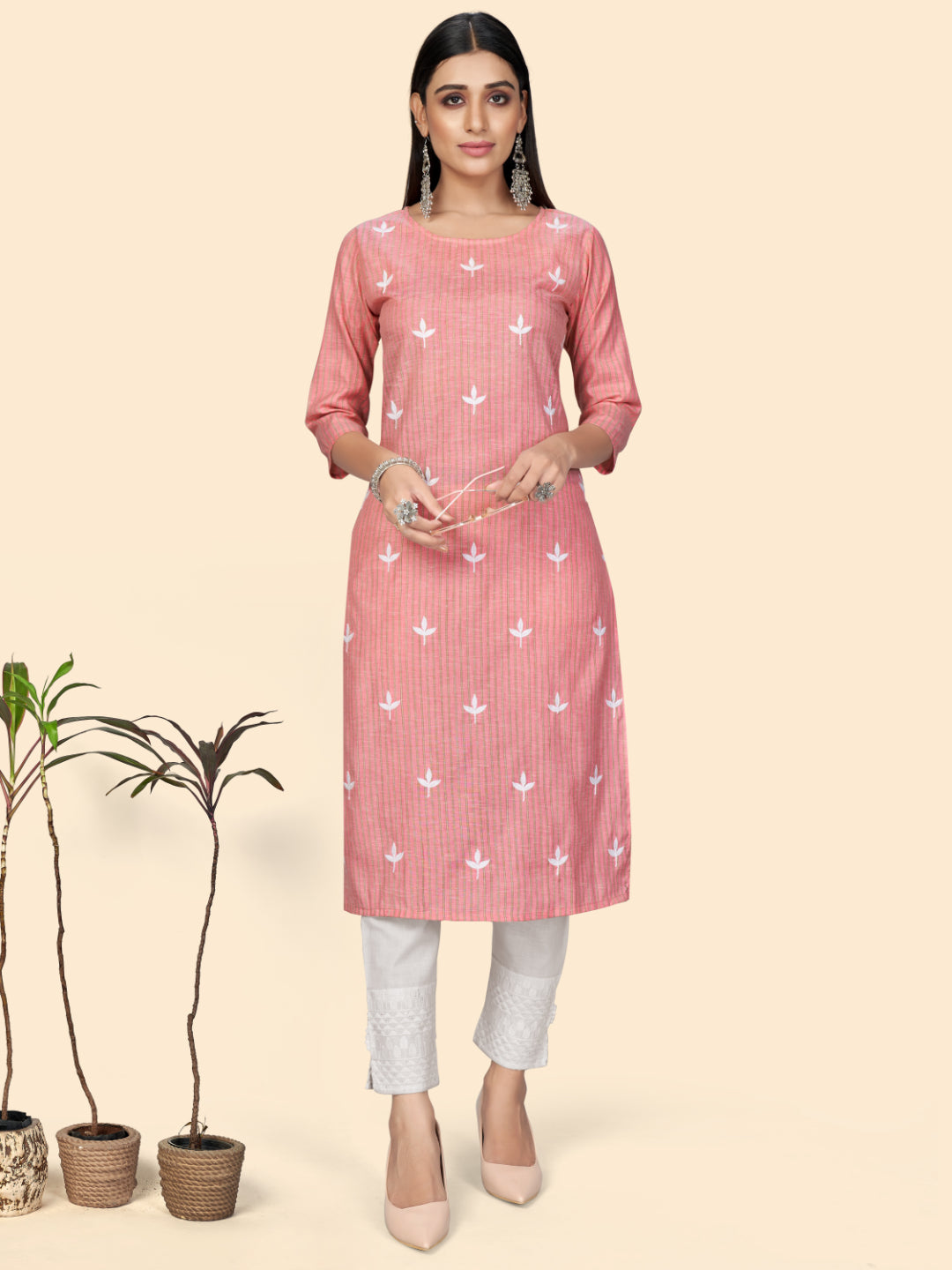 Pink Embroidered Straight Cotton Kurta