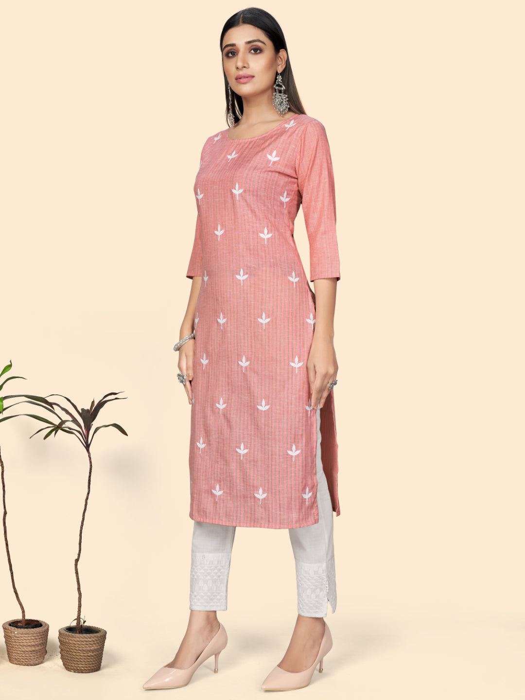Pink Embroidered Straight Cotton Kurta