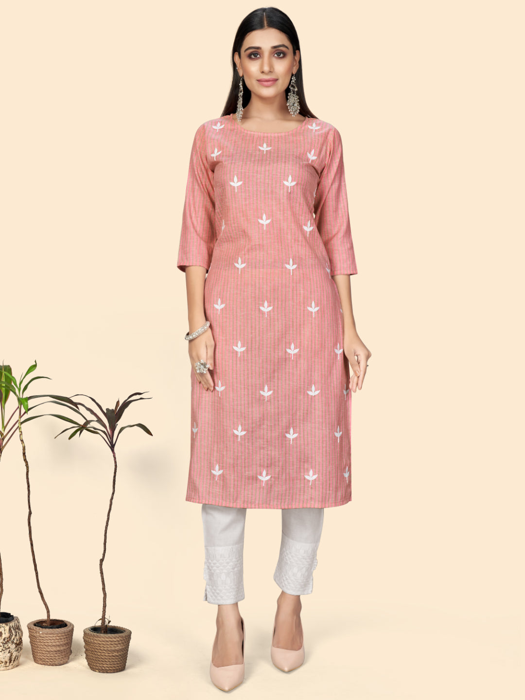 Pink Embroidered Straight Cotton Kurta