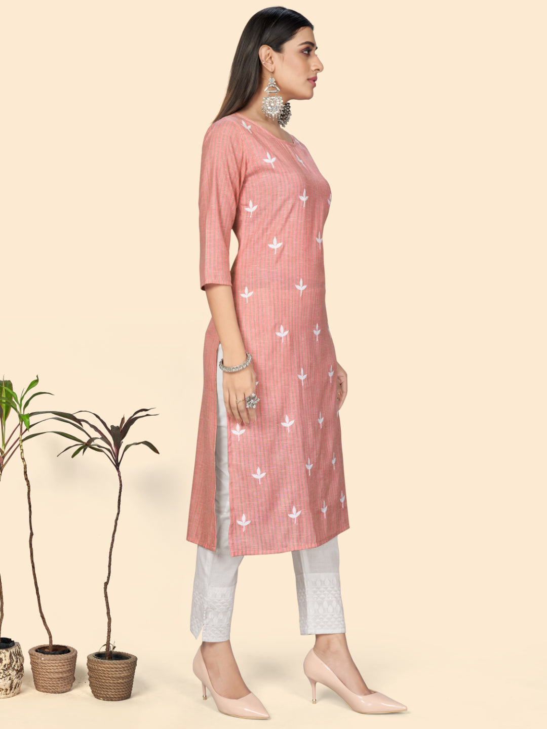 Pink Embroidered Straight Cotton Kurta