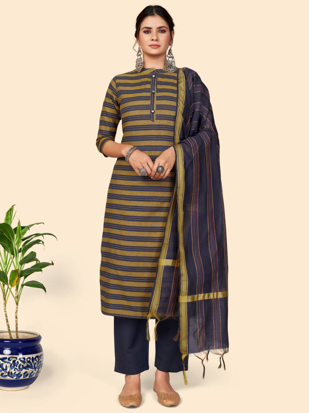 Blue Printed Straight Cotton Kurta Set